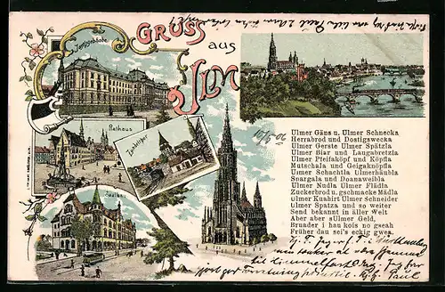Lithographie Ulm, Justizgebäude, Saalbau, Zundelthor