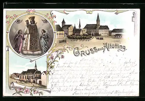 Lithographie Altötting, Ortspartie mit Kirchen, Strassenpartie, Gnadenbild