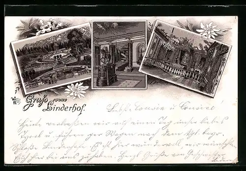 Lithographie Linderhof, Schlos, Innen- und Aussenansichten