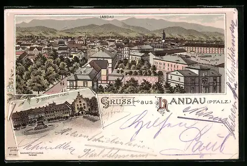 Lithographie Landau /Pfalz, Ortsansicht, Max-Josephs-Platz