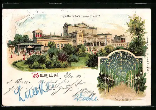 Lithographie Berlin-Tiergarten, Krolls Etablissement-Gebäudeansicht und Wandelgang