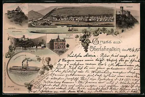 Lithographie Oberlahnstein, Rathaus, Marxburg, Lahneck, Stolzenfels