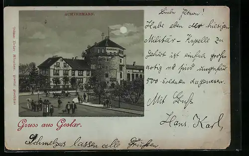 Mondschein-Lithographie Goslar, Strassenpartie am Hotel Achtermann