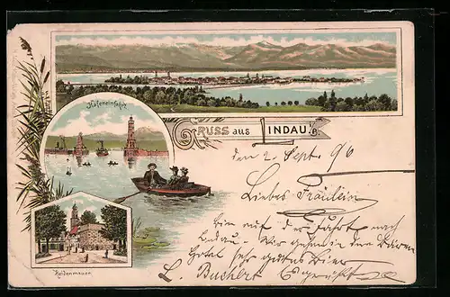 Lithographie Lindau i. B., Heidenmauer, Hafeneinfahrt, Panorama