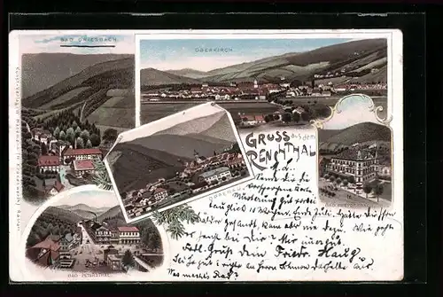 Lithographie Oberkirch / Baden, Totalansicht, Ansichten von Oppenau, Bad Freyersbach und Bad Petersthal