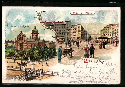 Lithographie Berlin-Kreuzberg, auf dem Moritzplatz, Blick zur St. Michaelis-Kirche