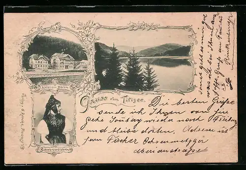 AK Titisee, Hotel zum Bären, Schwarzwälderin in Tracht
