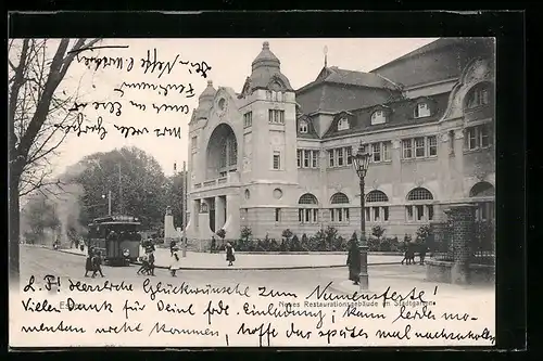 AK Essen, Neues Restaurationsgebäude im Stadtgarten, Strassenbahn