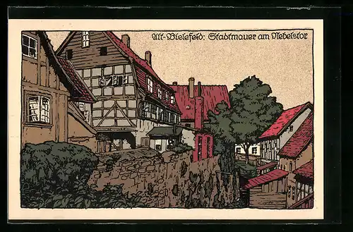 Steindruck-AK Bielefeld, Alt-Bielefeld mit Stadtmauer und Nebelstor