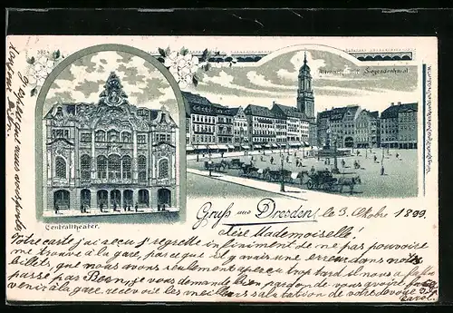 Lithographie Dresden, Altmarkt mit Siegesdenkmal