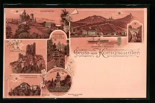 Lithographie Königswinter, Ruine Drachenfels, Drachenburg, Zahnradbahn, Restauration auf Drachenfels