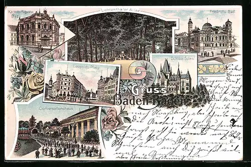 Lithographie Baden-Baden, Schloss Solms, Conversationshaus, Friedrichs-Bad