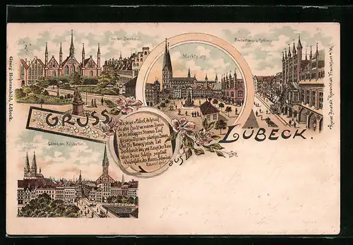 Lithographie Lübeck, Geibel-Denkmal, Marktplatz, Breitestrasse u. Rathaus