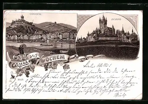 Lithographie Cochem, Die Burg, Ortsansicht