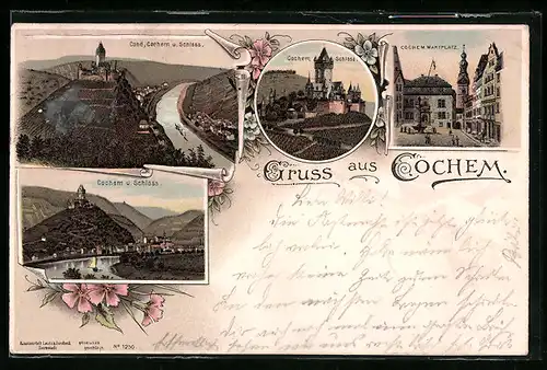Lithographie Cochem, Schloss, Marktplatz, Flusspartie