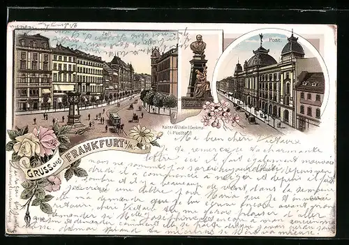Lithographie Frankfurt a. M., Kaiser Wilhelm Denkmal, Post