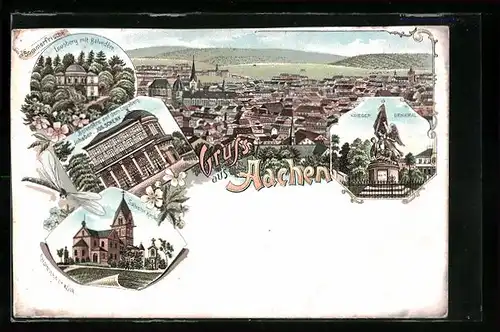 Lithographie Aachen, Lausberg mit Belvedère, Salvator Kirche