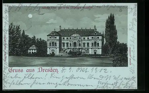 Lithographie Dresden, Palais und Teich im Grossen Garten