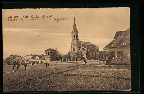 AK Grajewo, Kath. Kirche mit Markt