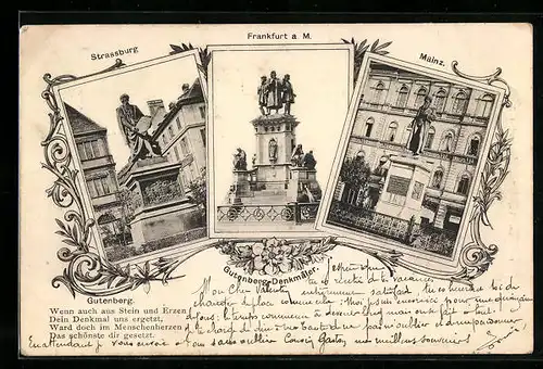 Passepartout-AK Frankfurt a. M., Gutenberg-Denkmäler in Frankfurt, Strassburg und Mainz
