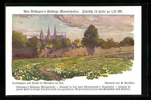 Künstler-AK Wimpfen im Tal, Stadtmauer und Kirche