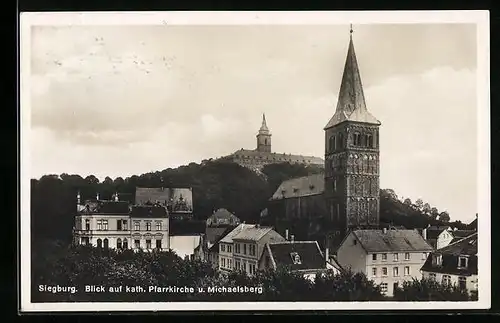 AK Siegburg, Blick auf kath. Pfarrkirche und Michaelsberg