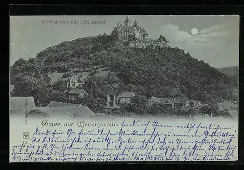 Mondschein-AK Wernigerode, Ortspartie mit Schlossberg