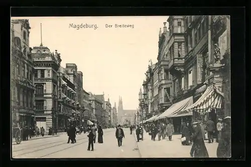 AK Magdeburg, Strasse Breiteweg mit Geschäften