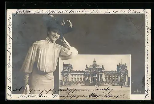 AK Berlin, Reichstagsgebäude und Bismarck-Denkmal