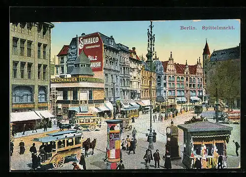 AK Berlin, Spittelmarkt mit Geschäften, Hauswandwerbung für Sinalco und Strassenbahn