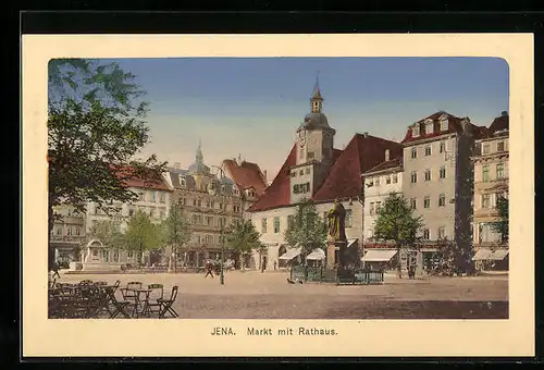 AK Jena, Markt mit Cafe, Rathaus und Denkmal