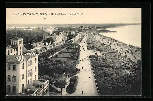 AK Warnemünde /Ostsee, Promenade und Strand, von oben gesehen