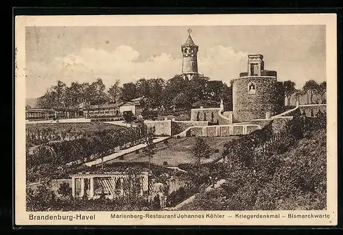 AK Brandenburg /Havel, Marienberg-Restaurant J. Köhler, Kriegerdenkmal und Bismarckwarte