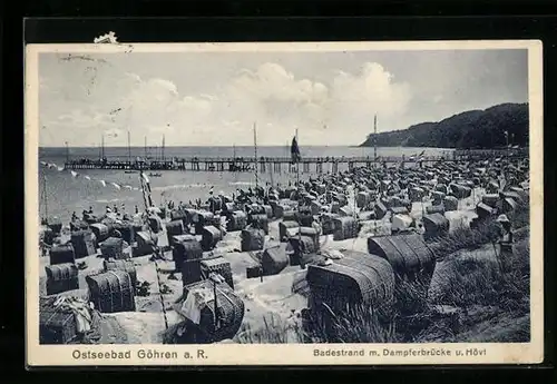 AK Göhren a. R., Ostseebad, Badestrand mit Dampferbrücke und Hövt