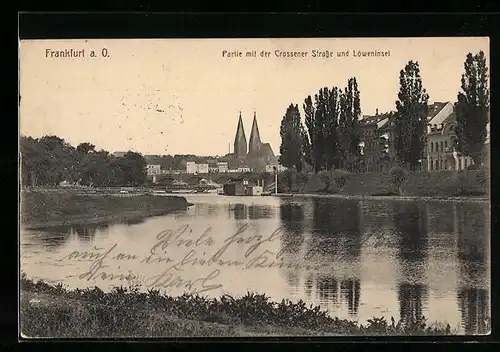 AK Frankfurt a. O., Partie mit der Crossener Strasse und Löweninsel