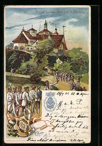 Lithographie Hamburg, Turner vor der Festhalle, Turnfest