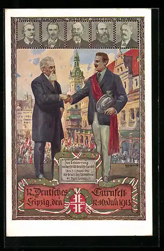 AK Leipzig, 12. Deutsches Turnfest 1913 mit einem Handschlag zur Eröffnungsfeier