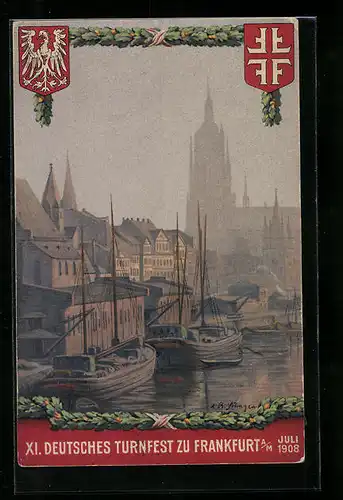 AK Frankfurt, XI. Deutsches Turnfest 1908, Ortspartie, Turnerkreuz, Wappen, Boote