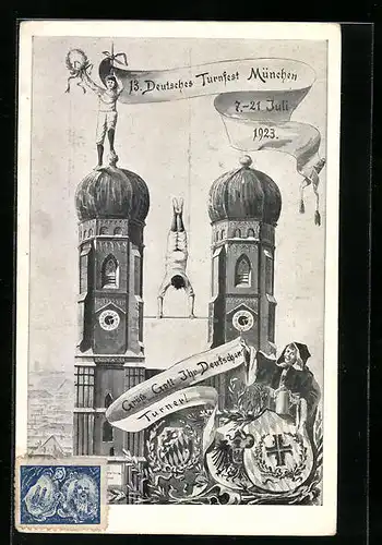 AK München, Turnfest 1923, Liebfrauenkirche und Münchner Kindl