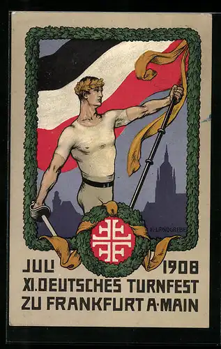 Künstler-AK Frankfurt /Main, XI. Deutsches Turnfest, Juli 1908, Sportler mit Banner und Degen