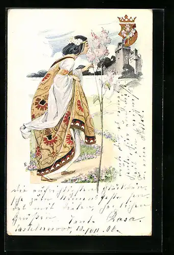 AK Fräulein im Gewand mit Blumen in den Haaren an einem Blütenstrauch stehend, Jugendstil