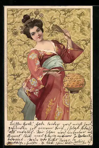 AK Asiatin im Kimono mit Lampion und Fächer, Jugendstil