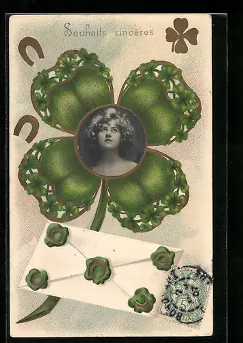 Foto-Collage-AK Frauenportrait im Kleeblatt, Brief mit Hufeisen-Siegel