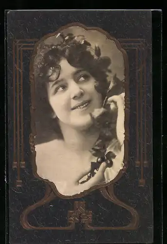 Foto-Collage-AK Junge Frau mit Kirschzweig, Ornamente