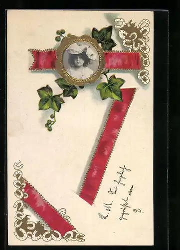 Foto-Collage-AK Kleines Mädchen mit Hut, Schleifenband, Efeu, Hufeisen