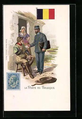 Lithographie La Poste en Belgique, Postbote überreicht einen Brief, Flagge von Belgien