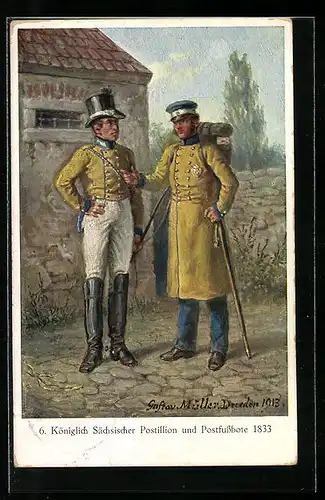 Künstler-AK Sächsische Post, Königl. Sächsischer Postillon aud Postfussbote, Uniformen von 1833