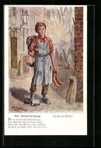 Künstler-AK Köln, Schusterjunge auf einer Strasse