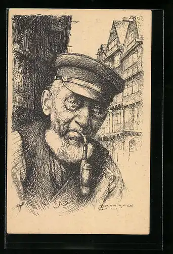 Künstler-AK Hamburger Segelmacher mit Pfeife