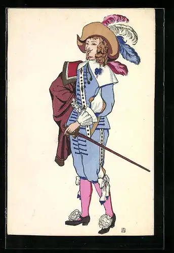 AK Eleganter Herr mit Degen und Federhut